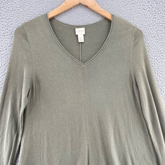 Chicos Sweater Womens 1 US Medium Green Silk Blend V Neck Tunic Stretch Pullover - Picture 2 of 10